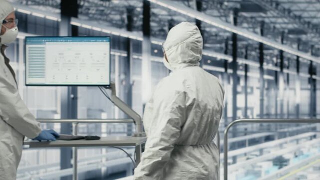 Engineering team reviewing semiconductors smart factory schematics, brainstorming. Technicians working together, overseeing hardware layouts using EDA software in industry 4.0 plant, camera B