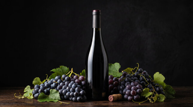 Elegant Red Wine Bottle Mockup with Fresh Dark Grapes and Leaves on Wooden Table