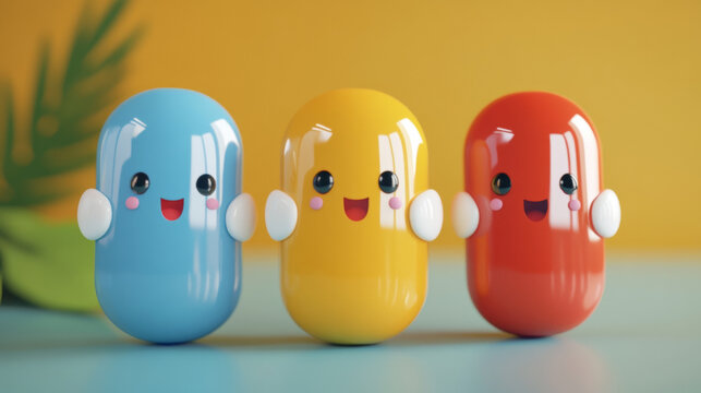 Three cute colorful personified capsules - Generative AI