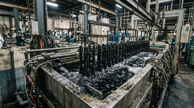 Medium frame capturing black zinc plated fasteners being treated in a plating line emphasizing the sleek corrosionresistant electroplating process for heavyduty hardware