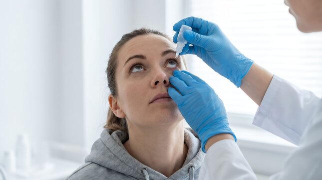 Young Female Patient Receiving Eye Drops From Doctor in Medical Clinic