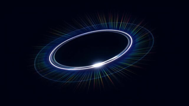 Abstract light ring glowing oval loop on dark background with radiant lines, luminous flare, neon line, blue glow, glowing oval halo, futuristic graphic, minimal digital design and space theme