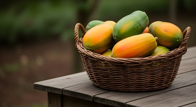 Buah pepaya segar di dalam keranjang anyaman di atas meja kayu