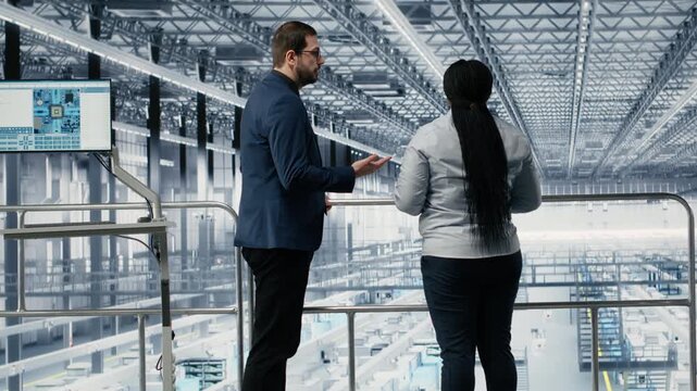 Researcher optimizes microchip smart factory workflow with coworker using tablet. Experts using simulation tool on device tracking semiconductor production circuit layout defects