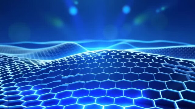 This shows a stunning digital visualization of a hexagonal grid pattern moving like water in a dark blue ocean with glowing light blue lines, creating a mesmerizing and futuristic visual effect.