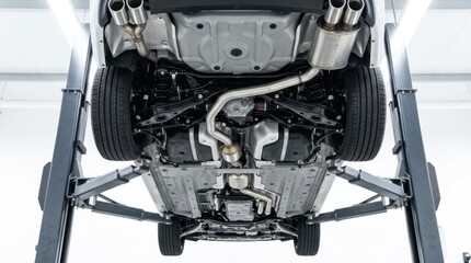 Fototapeta premium Car chassis with exhaust system and suspension components on lift in automotive workshop