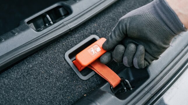 Hand in black glove pulling orange trunk release strap inside vehicle compartment