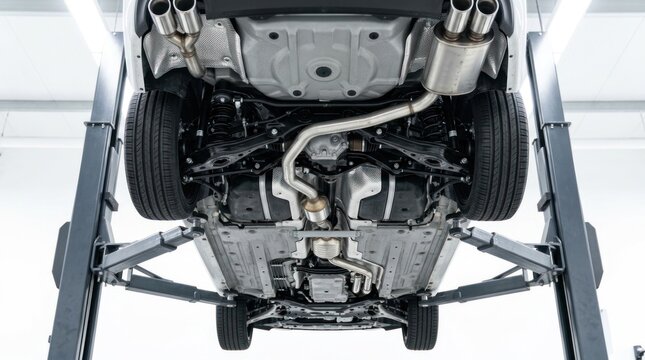 Car chassis with exhaust system and suspension components on lift in automotive workshop