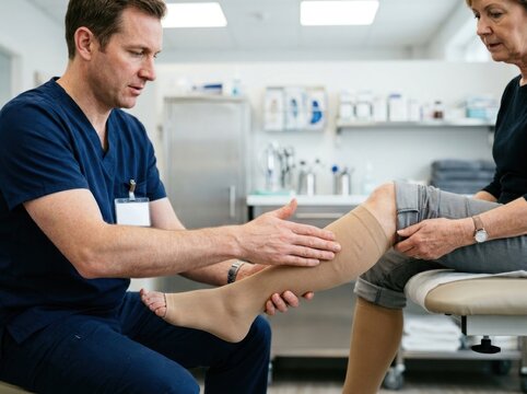 Middle-aged Caucasian male clinician in scrubs shows a senior Caucasian woman with fair skin how to wear a compression stocking.