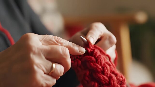 Closeup of elderly womans hands knitting red yarn with needles.