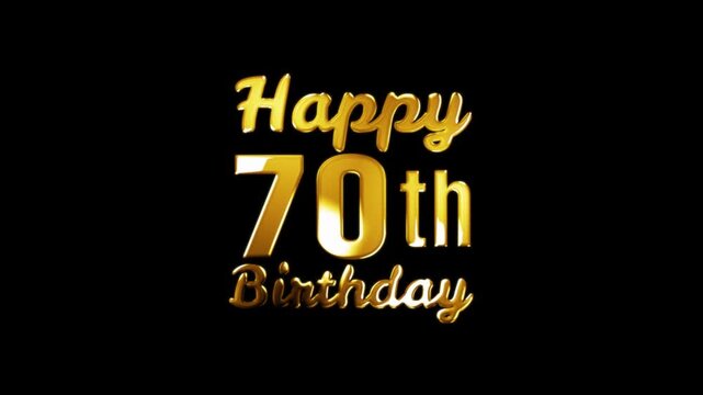 Happy 70th Birthday golden luxury text animation glitter particles black background anniversary party