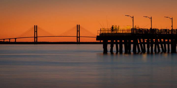 Sidney Lanier Bridge and St. Simons Pier at Sunset