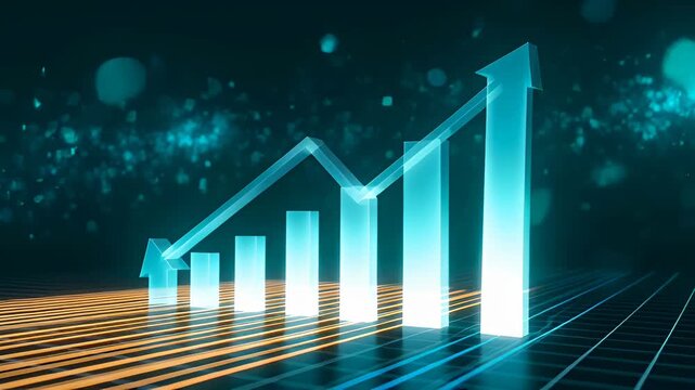 Transparent glowing bar chart with ascending arrow showing business growth and optimistic finance trend and glowing bar chart growth increase upward arrow analytics data visualization business