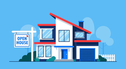 Fototapeta premium Modern suburban house with open house sign and bright blue sky over a two-story residence.