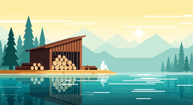 Sunlit Boathouse by a Mountain Lake: Tranquil Sunset, Forest Reflections, and Rustic Cabin on the Shore.
