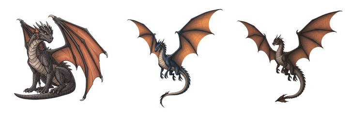 Fantasy Dragon Creature Monster Set, Mythical Fire Breathing Beast with Wings, Realistic Flying and Sitting Poses Isolated on White Background, RPG Game Asset Illustration 3D Render © ploki