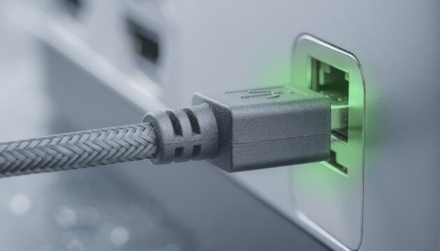 Close up of a braided cable connector being plugged into a glowing green electronic port
