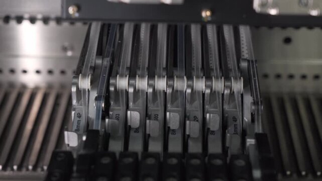 Robotic production of printed circuit board. Automated manufacturing of electronic chips. Close-up of a part of the production line in the process of manufacturing microchips.