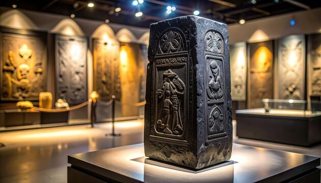 Intricate ancient hieroglyphic carvings on a dark basalt stele displayed in a museum exhibit