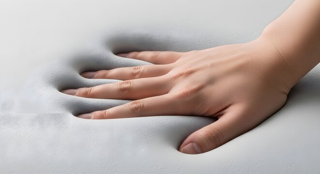 Hand pressing into memory foam surface creating an impression close up
