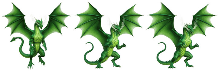 Fototapeta premium Green Dragon Fantasy Creature Set, Mythical Flying Monster with Large Wings and Horns, Realistic Standing and Poses Isolated on White Background, 3D Render Illustration for RPG Game Asset