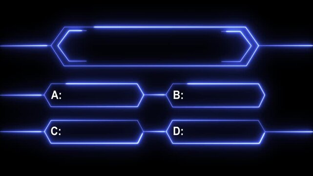Vibrant glowing neon red quiz template, question box and four answer options (A, B, C, D) for trivia, education, and Abstract circuit 4k animation technology black background video
