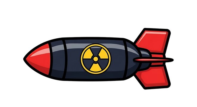 Cartoon Nuclear Bomb Illustration with Radiation Symbol and Red Fins on a White Background