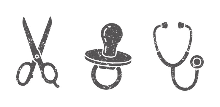 Grey distressed of scissors pacifier and stethoscope white medical baby