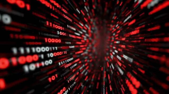 Futuristic motion graphics display vibrant red and white binary code streaming in 4K resolution