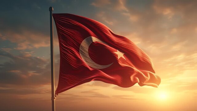 High-detail 4K footage of a large flag fluttering in strong breeze under a colorful sunset, slow-motion ripples emphasize fabric weave and dignified patriotic atmosphere.