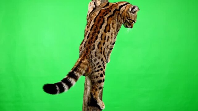 An ocelot with distinctive spotted fur climbing a tree trunk against a vibrant green screen background.