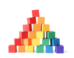 Naklejka premium Many colorful wooden cubes on white background