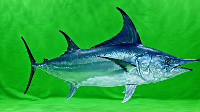 A striking blue marlin fish, a large billfish species, displayed against a vibrant green background, showcasing its sleek form and distinctive features.