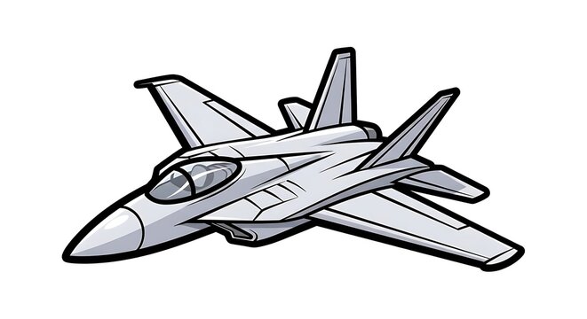 A striking cartoon illustration of a modern military jet fighter plane in a dynamic pose, showcasing its sleek design and advanced aerodynamics