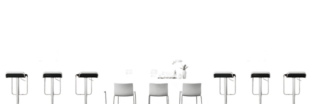 Modern Bar Stool and Cafe Chair Furniture Set, Realistic High Counter Seating and Dining Chair Poses Isolated on White Background, 3D Render Illustration for Interior Design