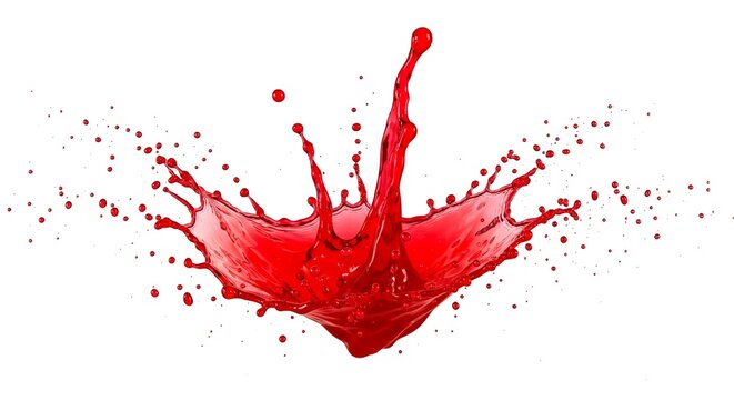 Percikan mahkota cairan merah cerah yang meledak ke atas di atas latar belakang putih bersih, melambangkan energi yang kuat dan gerakan dinamis