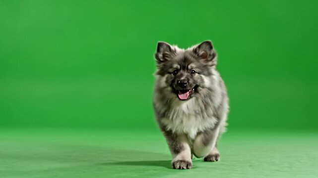 A fluffy grey and white dog with its tongue out runs towards the camera on a green screen.