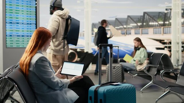 Digital nomad woman checking business data and digital marketing insights on laptop in the airport waiting area, remote work conditions. Work anywhere concept with financial analysis tasks.