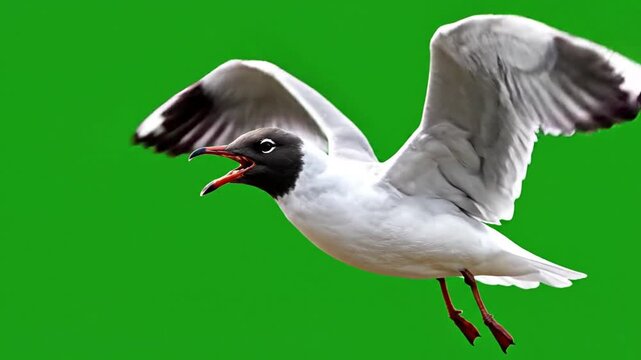 A black-headed gull with its mouth open, captured in mid-flight against a vibrant green background.