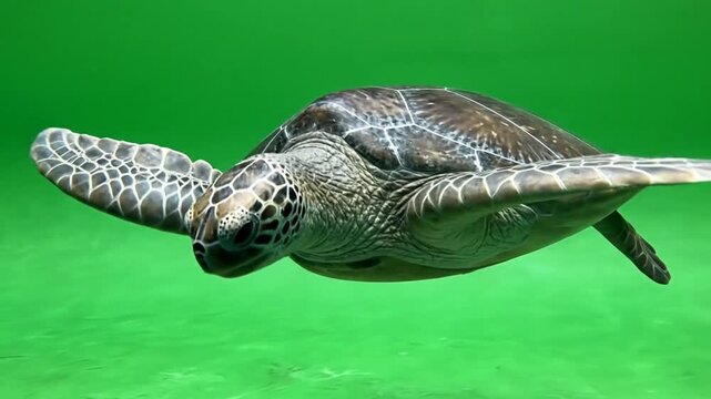 A majestic green sea turtle gracefully swims through vibrant green ocean water, showcasing its intricate shell patterns and powerful flippers.