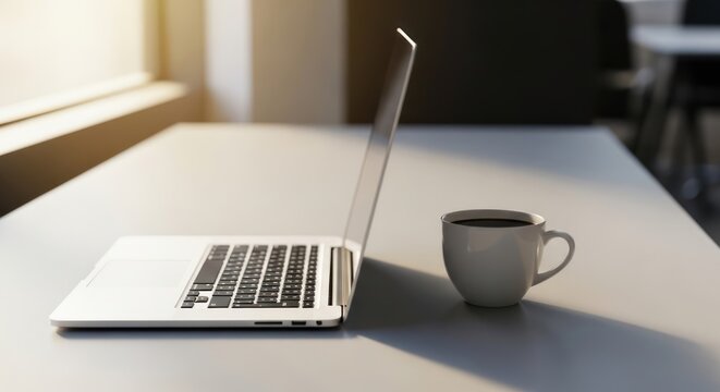 Modern Laptop and Coffee Cup on a Table by the Window.