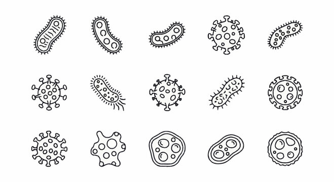 Hand-drawn doodle set of various bacteria and virus cells.