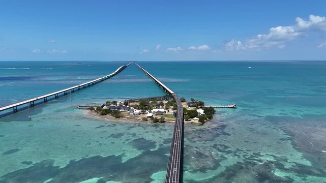 High up aerial view of old seven mile bridge leading to Pigeon Key in Monroe County, Florida.