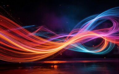 Fototapeta premium Vibrant light trails swirl across dark sky reflecting on glowing