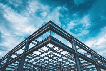 Fototapeta premium Steel frame structure of a modern building under construction showing metal beams against a cloudy blue sky