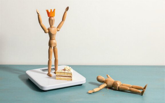 Wooden figure celebrates weight loss another lies defeated beside
