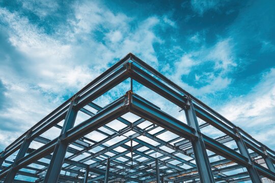 Steel frame structure of a modern building under construction showing metal beams against a cloudy blue sky