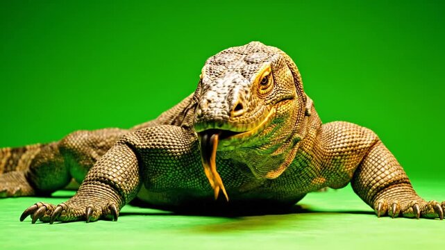 A large Komodo dragon or monitor lizard with its tongue flicking out against a vibrant green background, showcasing its powerful features.