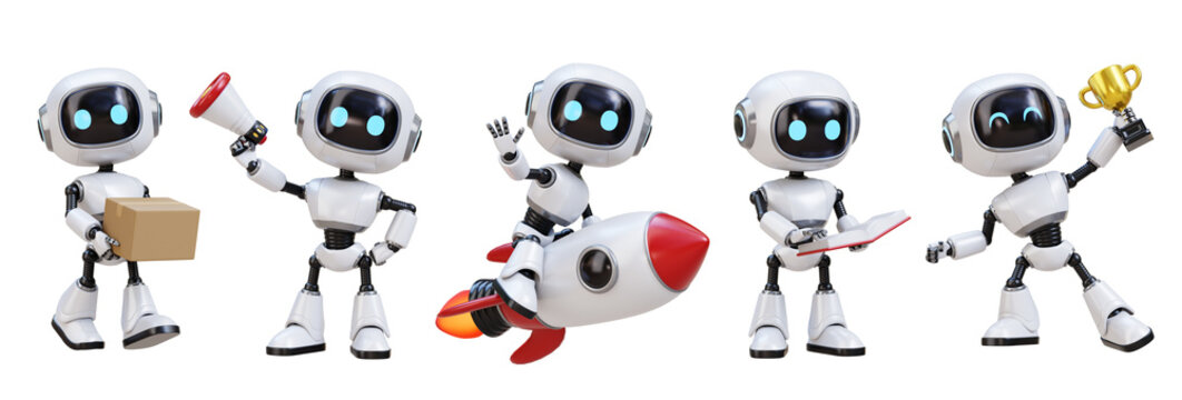 Cute white robot character set with various actions. 3D render