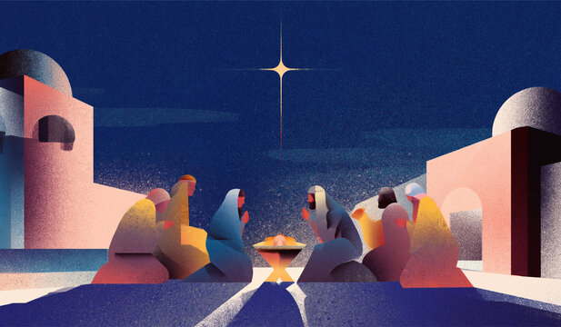 Christmas Nativity Illustration with Three Wise Men and Star of Bethlehem

Artistic depiction of the adoration of Christ by the Magi in a modern textured style with city silhouettes.